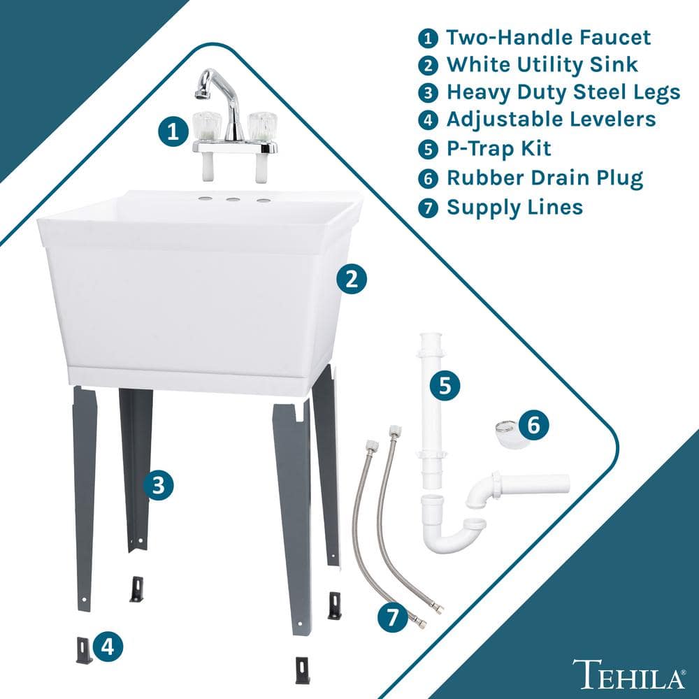 TEHILA Complete 22.875" x 23.5" White 19 Gallon Utility Sink Set with Chrome Finish Faucet