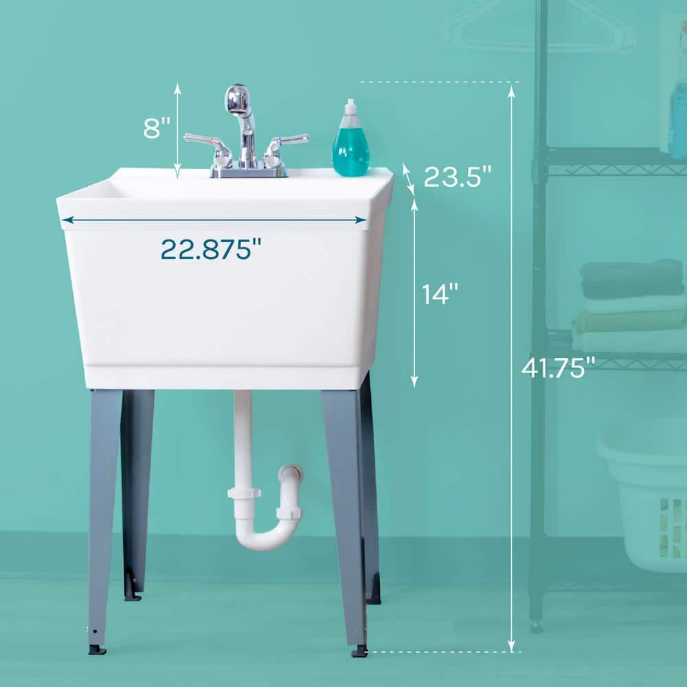 TEHILA 22.875 in. x 23.5 in. White Utility Sink with Chrome Pull-Out Faucet