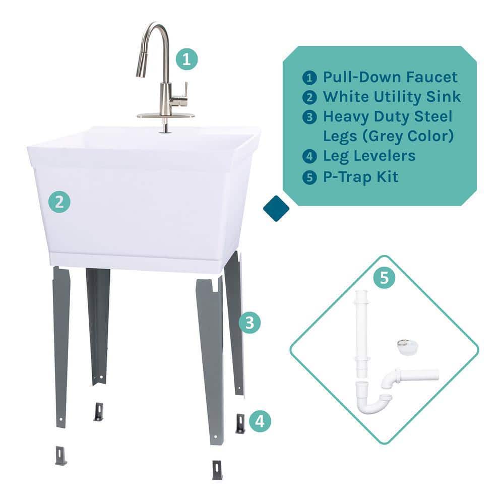 TEHILA Complete 23.5 in. x 22.875 in. White 19 Gal. Utility Sink Set with Stainless Steel Pull-Down Faucet