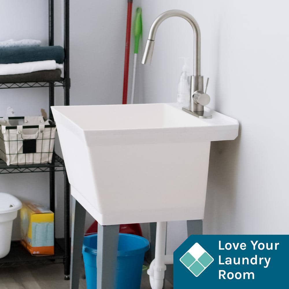 TEHILA Complete 23.5 in. x 22.875 in. White 19 Gal. Utility Sink Set with Stainless Steel Pull-Down Faucet