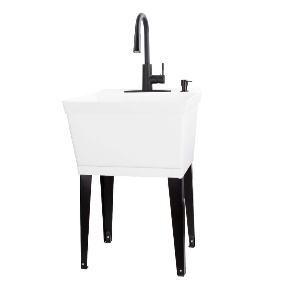TEHILA 19 Gal. White Utility Sink Set with Black Metal Hybrid Faucet & Soap Dispenser