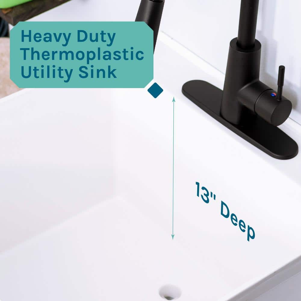 TEHILA 19 Gal. White Utility Sink Set with Black Metal Hybrid Faucet & Soap Dispenser
