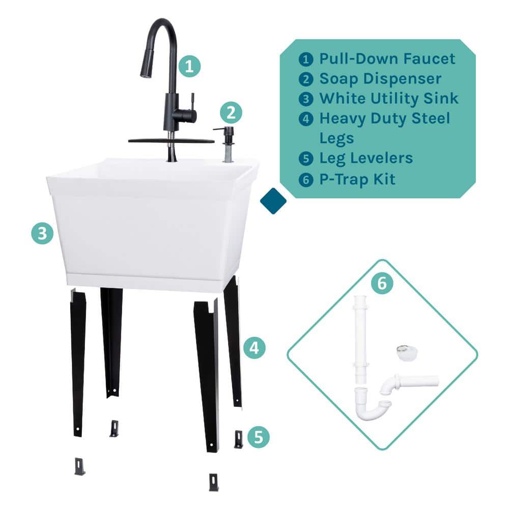TEHILA 19 Gal. White Utility Sink Set with Black Metal Hybrid Faucet & Soap Dispenser