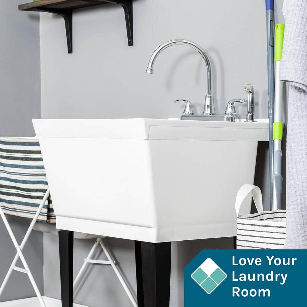 TEHILA Complete 22.875 in. x 23.5 in. White 19 Gal. Utility Sink Set with Chrome Faucet and Side Sprayer