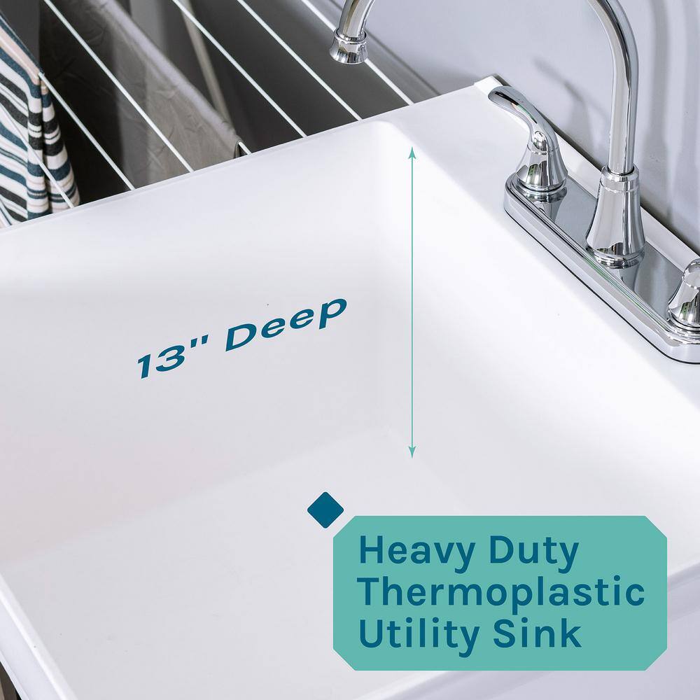 TEHILA Complete 22.875 in. x 23.5 in. White 19 Gal. Utility Sink Set with Chrome Faucet and Side Sprayer