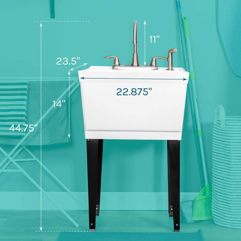 TEHILA Complete 22.875 in. x 23.5 in. White 19 Gal. Utility Sink with Metal Hybrid Stainless Steel Faucet and Side Sprayer