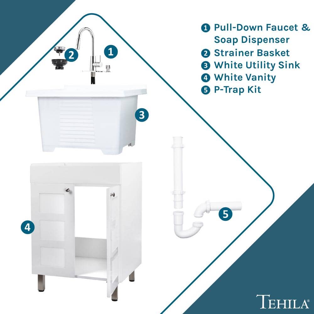 TEHILA 18 Gallon Thermoplastic Freestanding Laundry Sink with Chrome Faucet and White Cabinet
