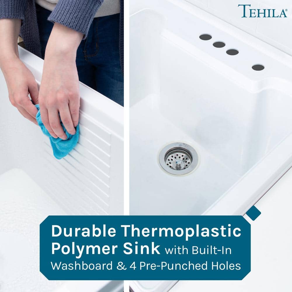 TEHILA 18 Gallon Thermoplastic Freestanding Laundry Sink with Chrome Faucet and White Cabinet