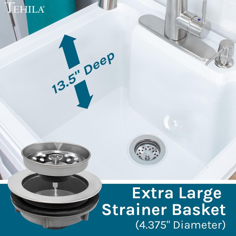 TEHILA Thermoplastic Freestanding Utility Sink with Stainless Faucet & White Cabinet