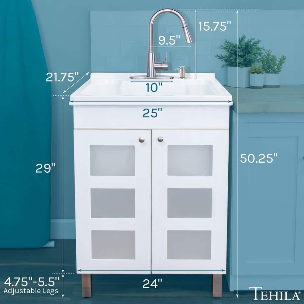 TEHILA Thermoplastic Freestanding Utility Sink with Stainless Faucet & White Cabinet