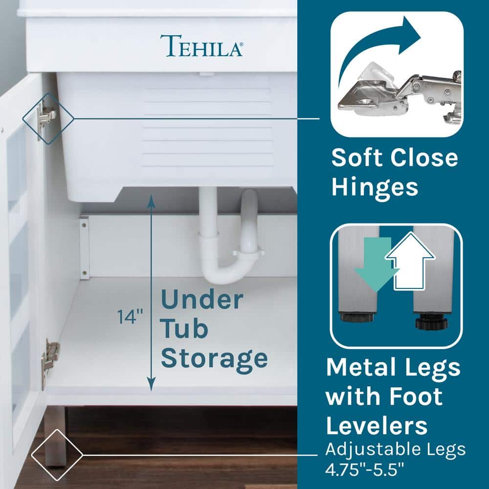 TEHILA Thermoplastic Freestanding Utility Sink with Stainless Faucet & White Cabinet
