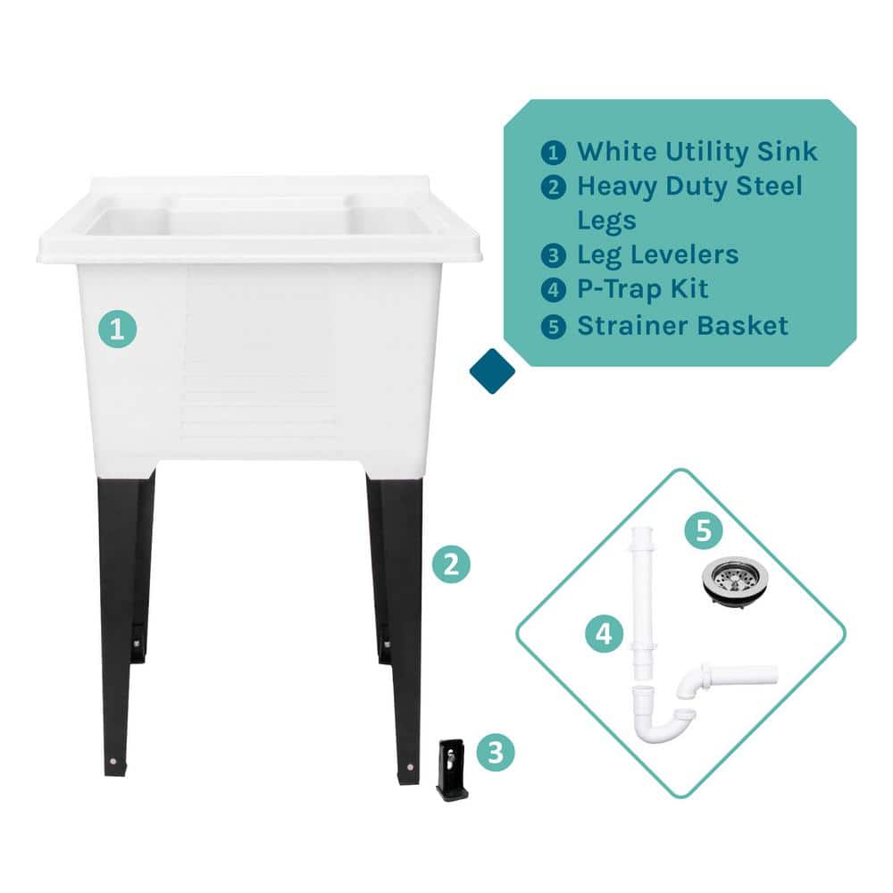 TEHILA 25 in. x 21.5 in. ABS Plastic Freestanding Utility Sink - White with Black Metal Legs and P-Trap Kit