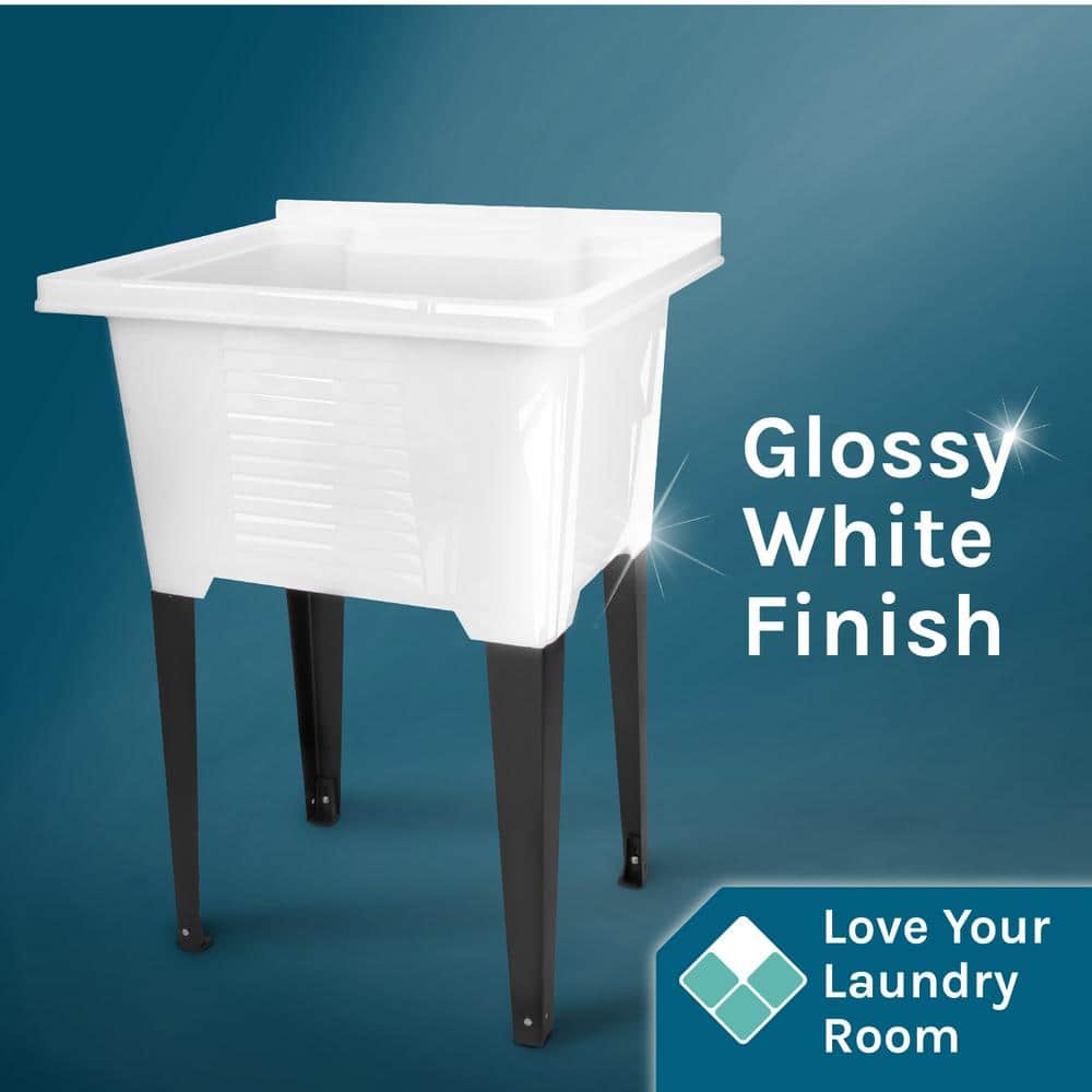 TEHILA 25 in. x 21.5 in. ABS Plastic Freestanding Utility Sink - White with Black Metal Legs and P-Trap Kit