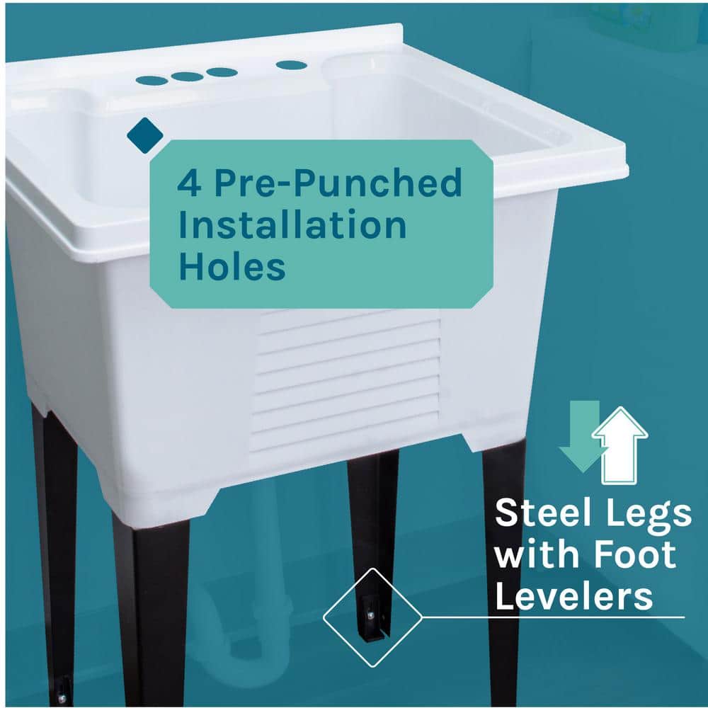 TEHILA 25 in. x 21.5 in. ABS Plastic Freestanding Utility Sink - White with Black Metal Legs and P-Trap Kit