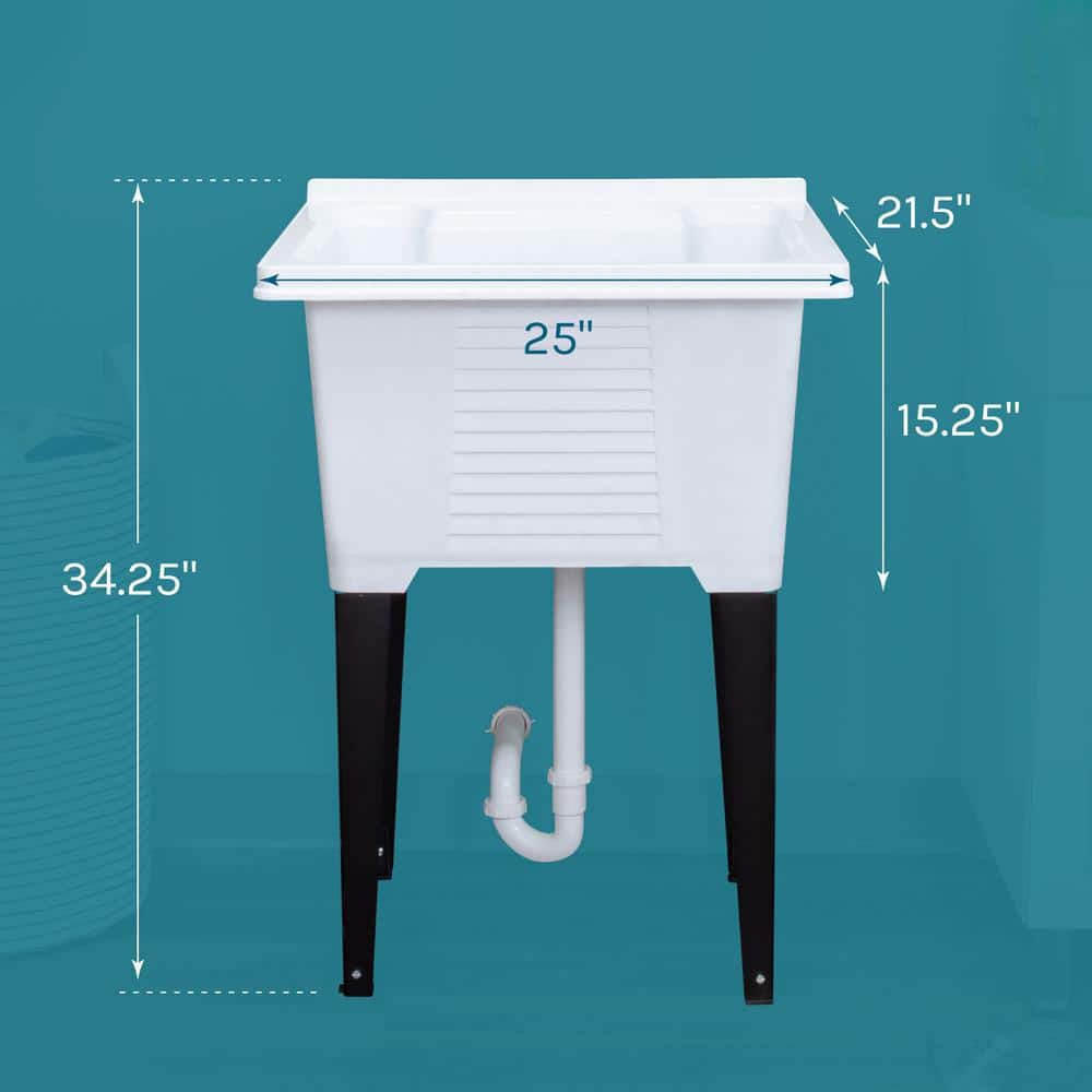 TEHILA 25 in. x 21.5 in. ABS Plastic Freestanding Utility Sink - White with Black Metal Legs and P-Trap Kit