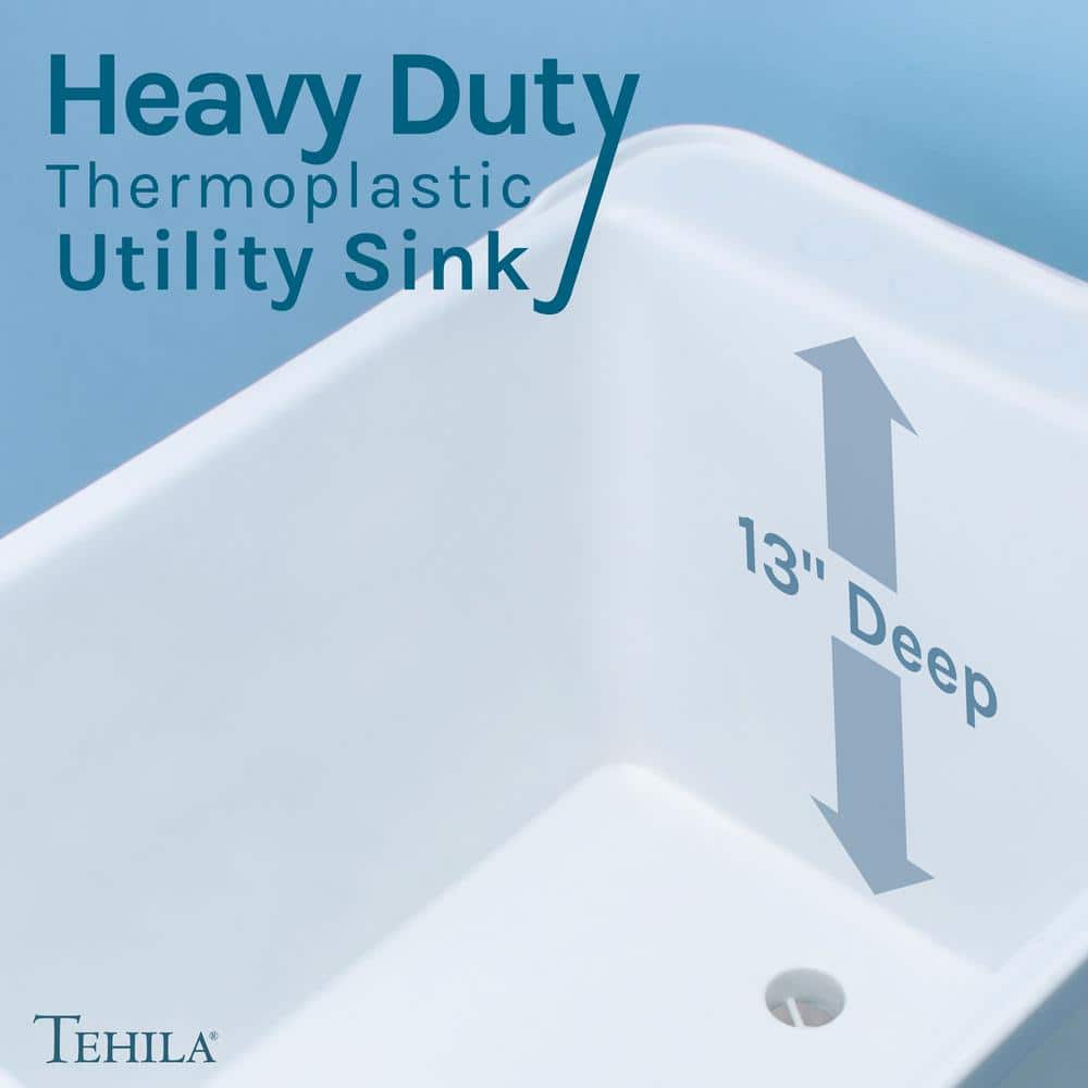 TEHILA Space Saver Freestanding Utility Sink - White Thermoplastic with Black Metal Legs