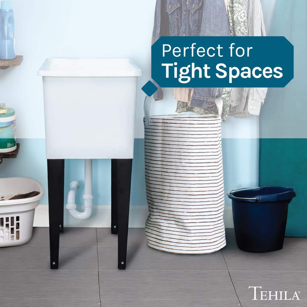 TEHILA Space Saver Freestanding Utility Sink - White Thermoplastic with Black Metal Legs