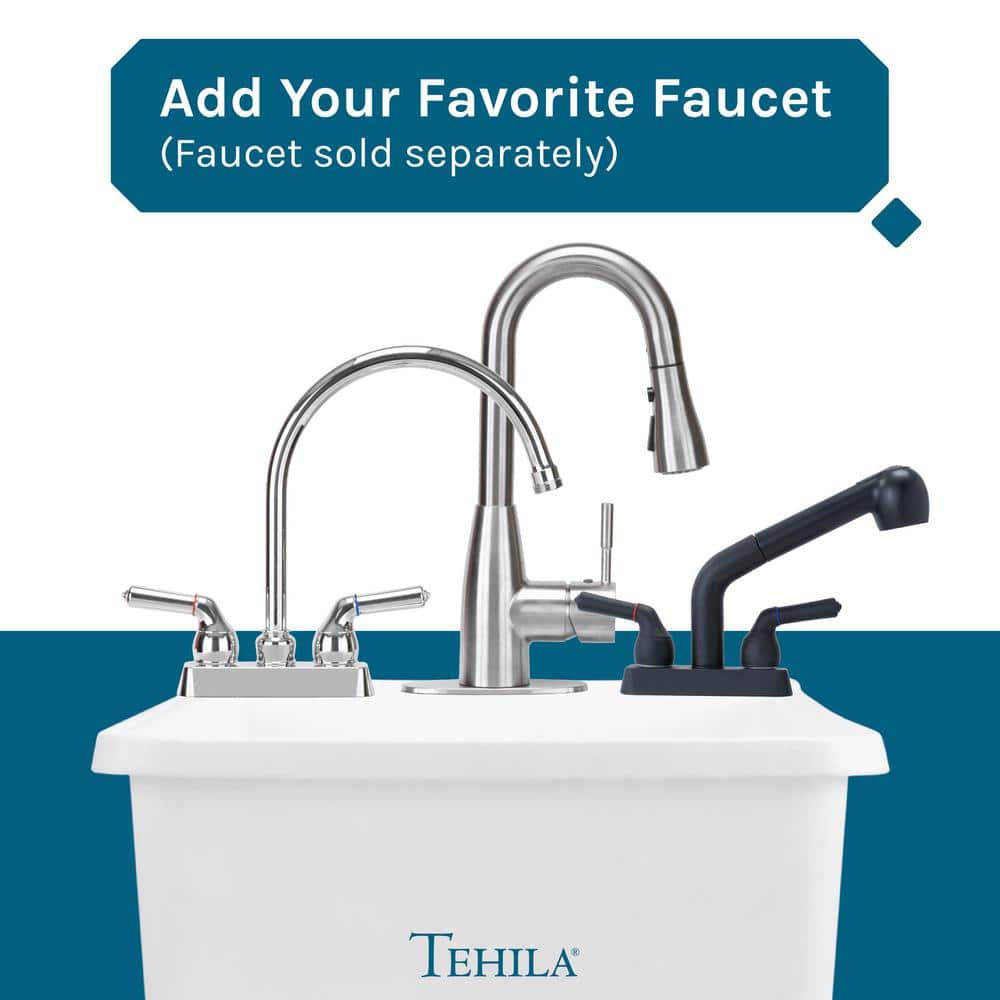 TEHILA Space Saver Freestanding Utility Sink - White Thermoplastic with Black Metal Legs