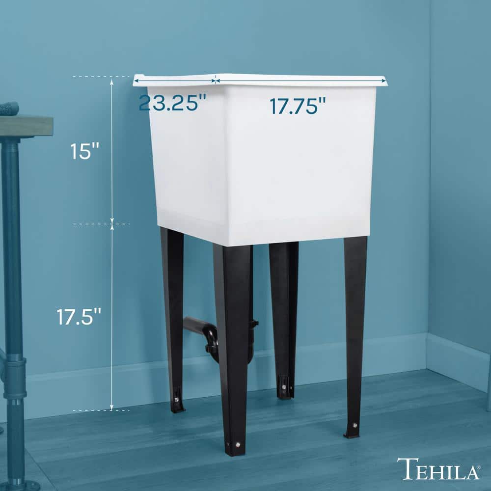 TEHILA Space Saver Freestanding Utility Sink - White Thermoplastic with Black Metal Legs