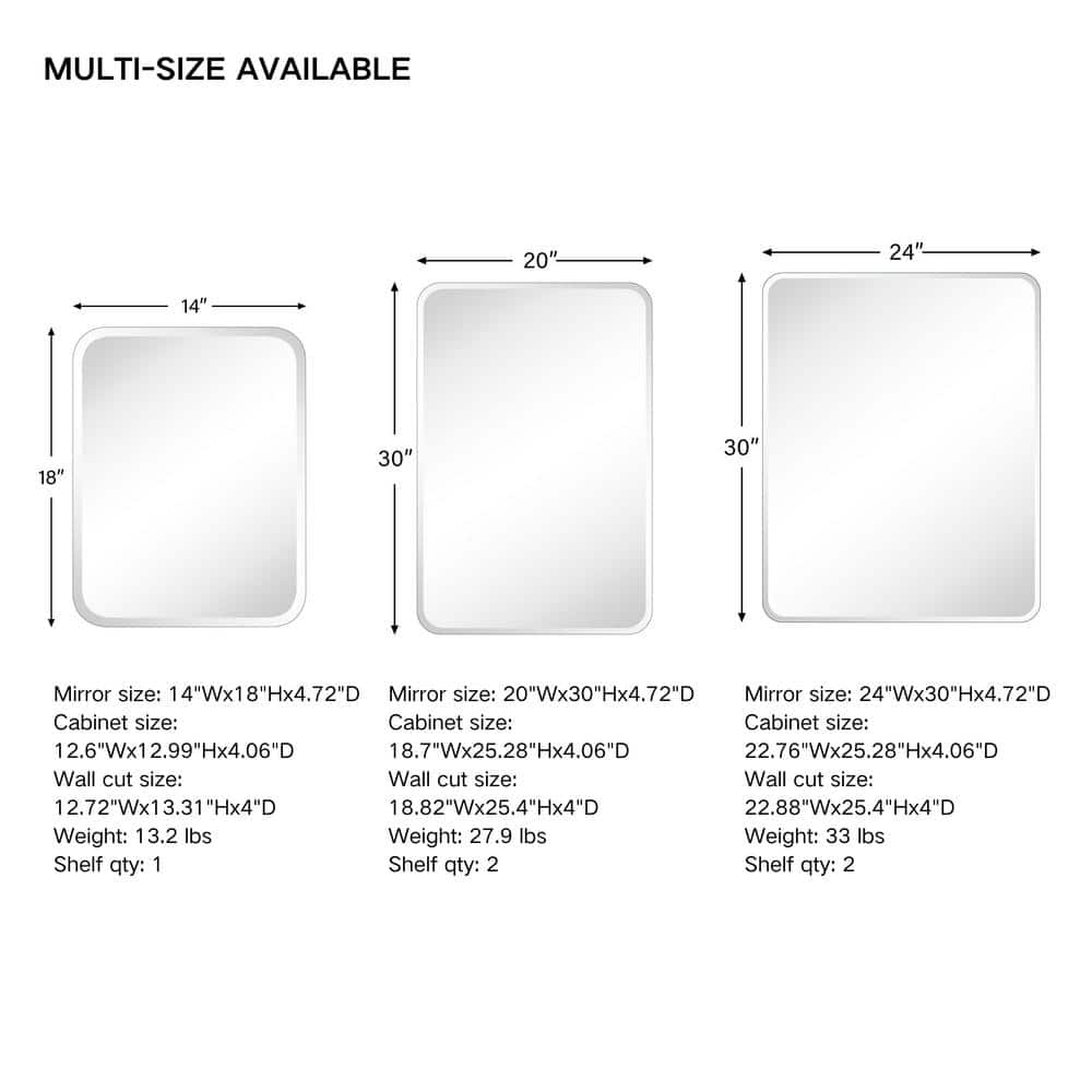 TEHOME Tomace 24 in. W x 30 in. H Rectangular Recess and Surface Mount Frameless Medicine Cabinet with Mirror