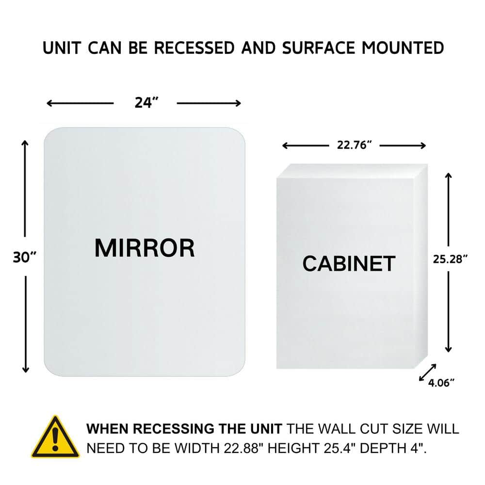TEHOME Tomace 24 in. W x 30 in. H Rectangular Recess and Surface Mount Frameless Medicine Cabinet with Mirror