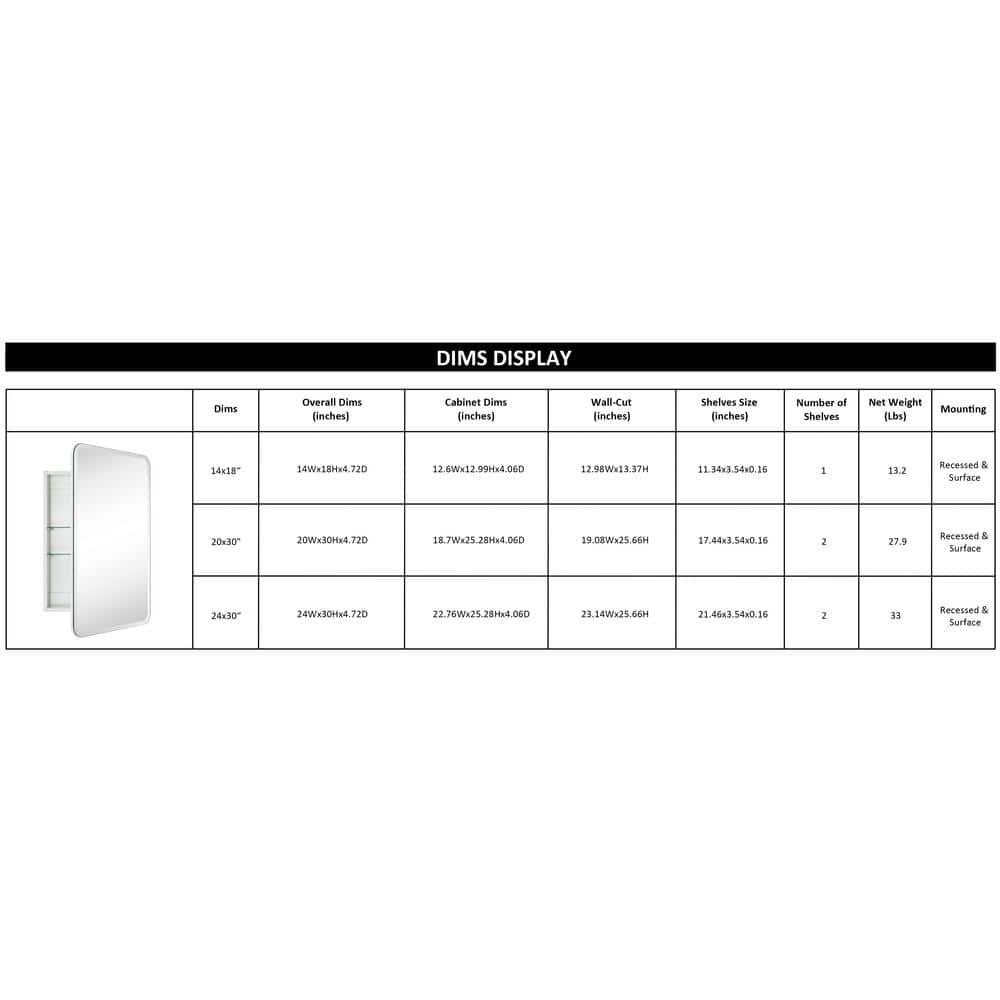 TEHOME Tomace 24 in. W x 30 in. H Rectangular Recess and Surface Mount Frameless Medicine Cabinet with Mirror