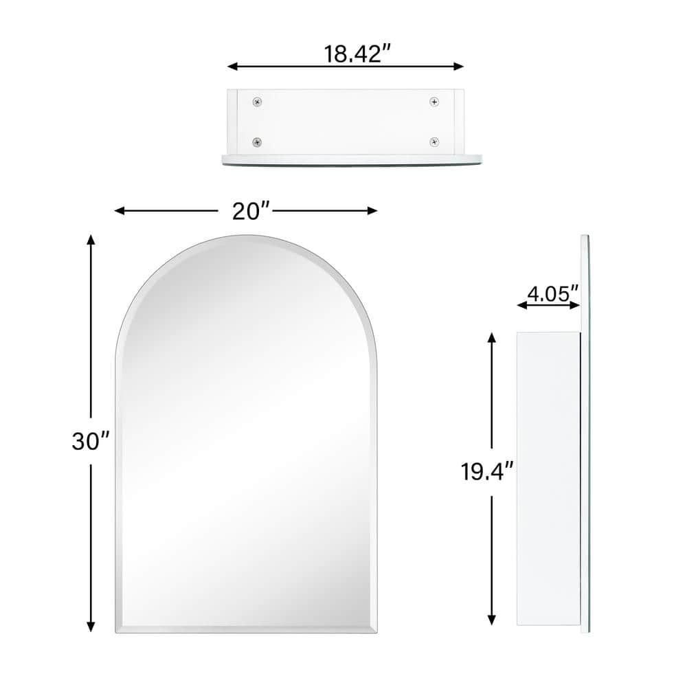 TEHOME Tomace 20 in. W x 30 in. H Arched Recess and Surface Mount Frameless Medicine Cabinet with Mirror