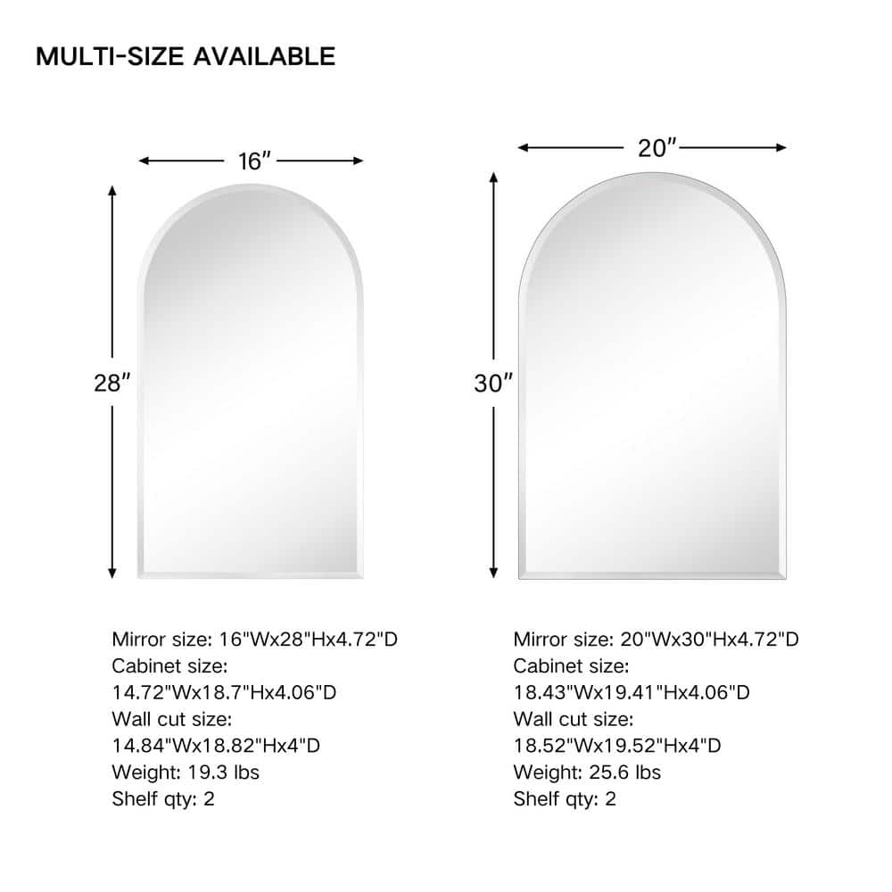 TEHOME Tomace 20 in. W x 30 in. H Arched Recess and Surface Mount Frameless Medicine Cabinet with Mirror
