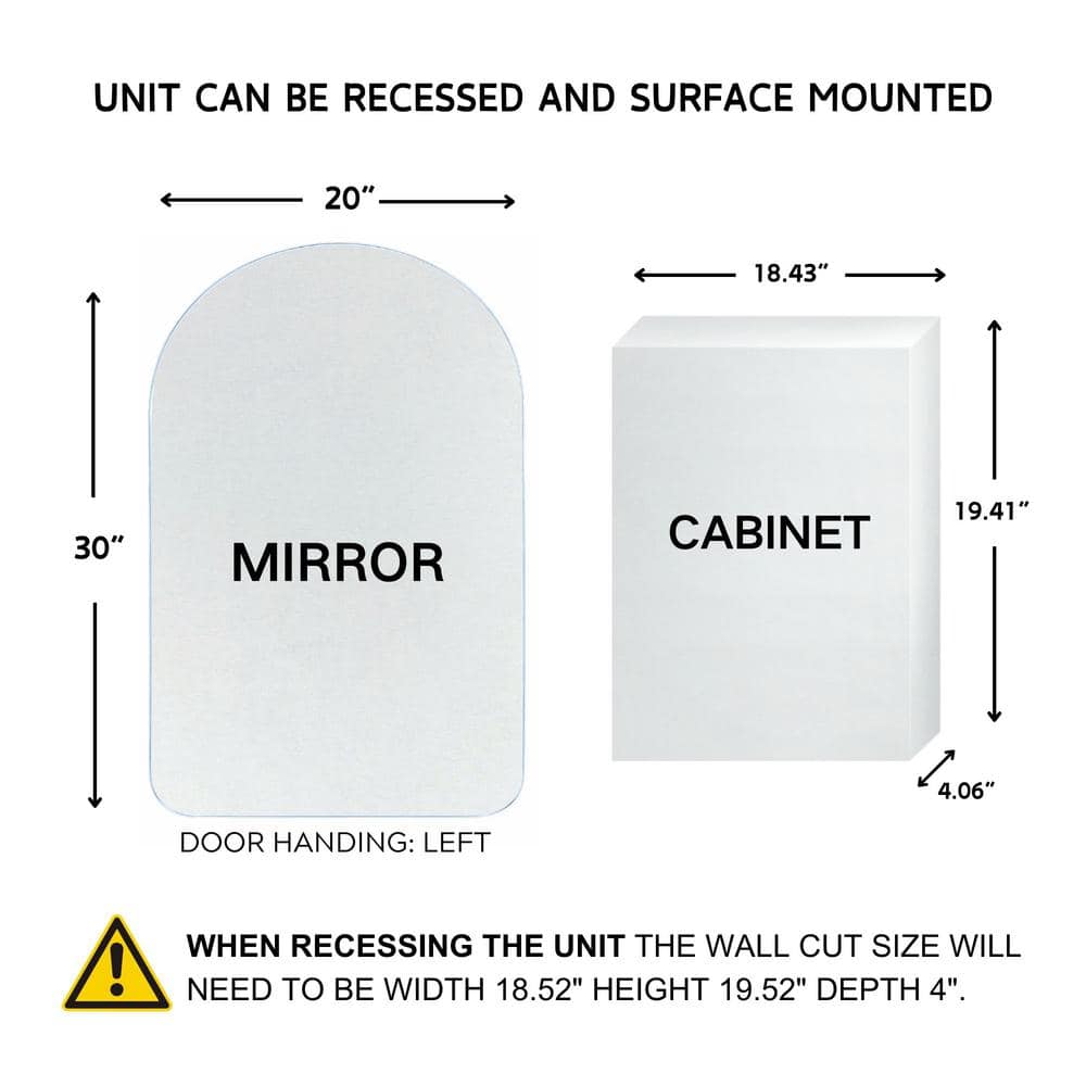TEHOME Tomace 20 in. W x 30 in. H Arched Recess and Surface Mount Frameless Medicine Cabinet with Mirror