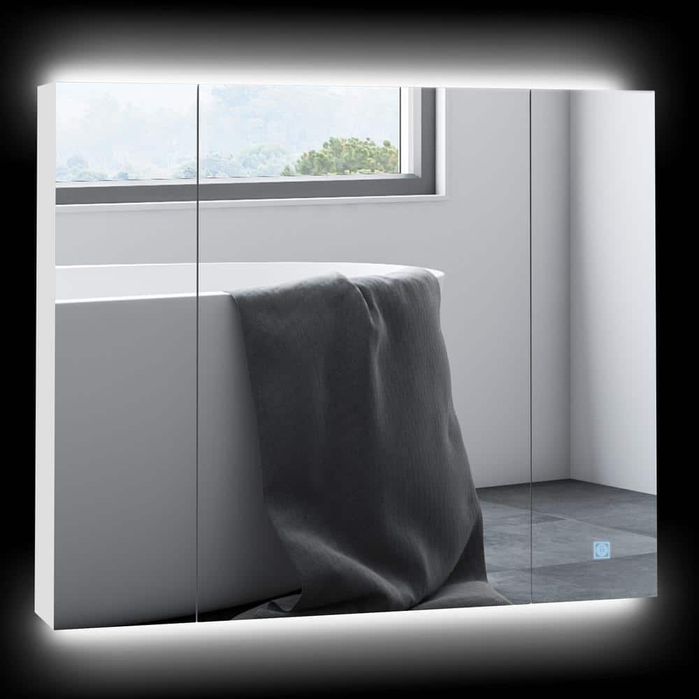 Tileon 35.50 in. W x 29.50 in. H Rectangular MDF Medicine Cabinet with Mirror, LED Organizer with Dimmer Touch Switch-White