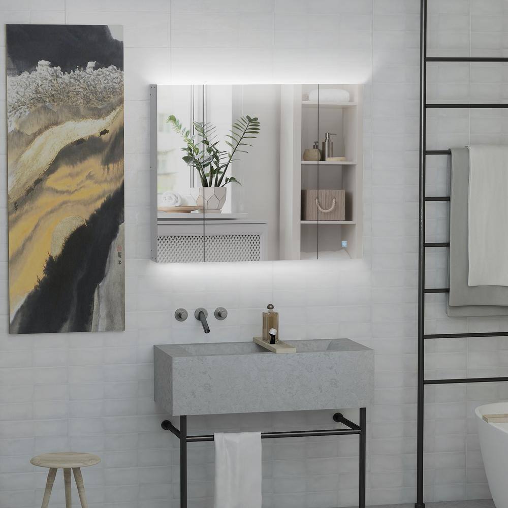 Tileon 35.50 in. W x 29.50 in. H Rectangular MDF Medicine Cabinet with Mirror, LED Organizer with Dimmer Touch Switch-White