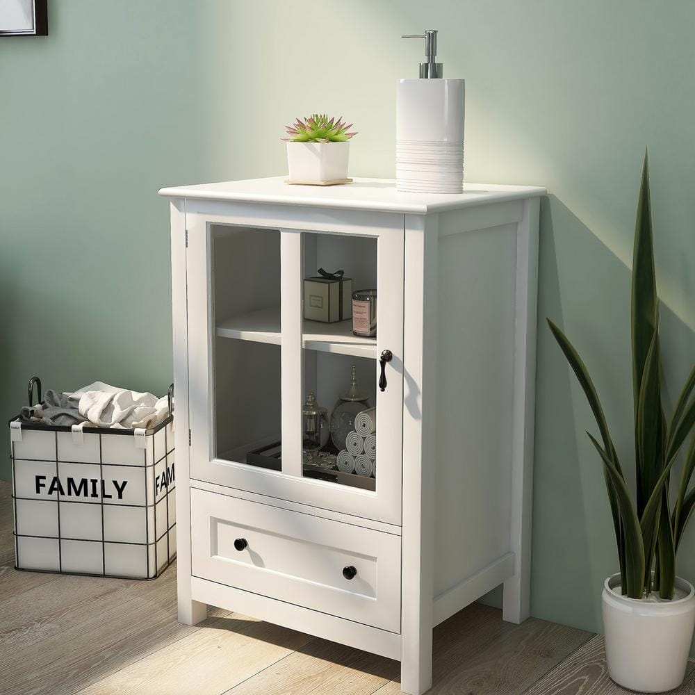 Tileon 22 in. W x 14.4 in. D x 31.7 in. H White Single Glass Doors Corner Kitchen Cabinet Buffet Ready to Assemble cabinet