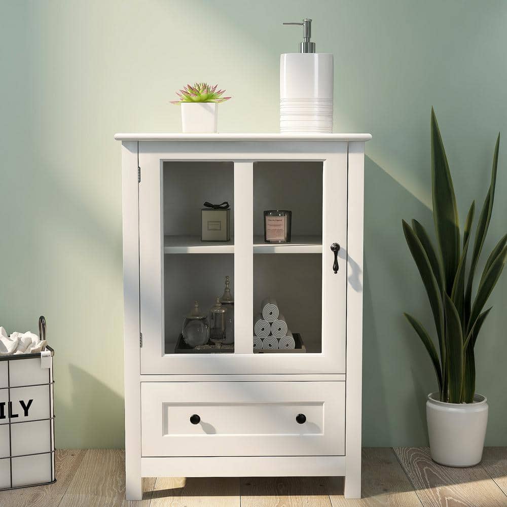 Tileon 22 in. W x 14.4 in. D x 31.7 in. H White Single Glass Doors Corner Kitchen Cabinet Buffet Ready to Assemble cabinet