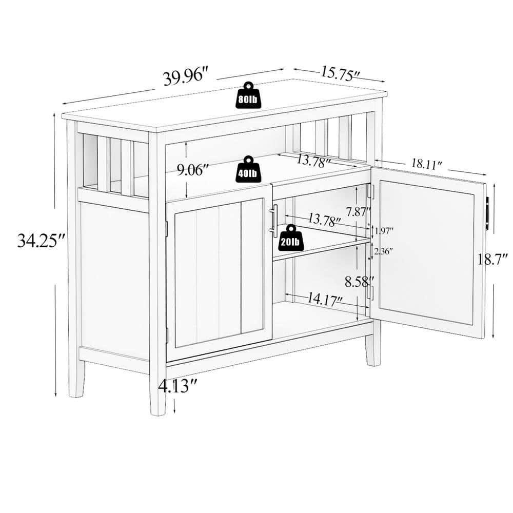 Tileon 39.96 in. W x 15.75 in. D x 34.25 in. H in White MDF Ready to Assenmble Floor Kitchen Cabinet storage sideboard