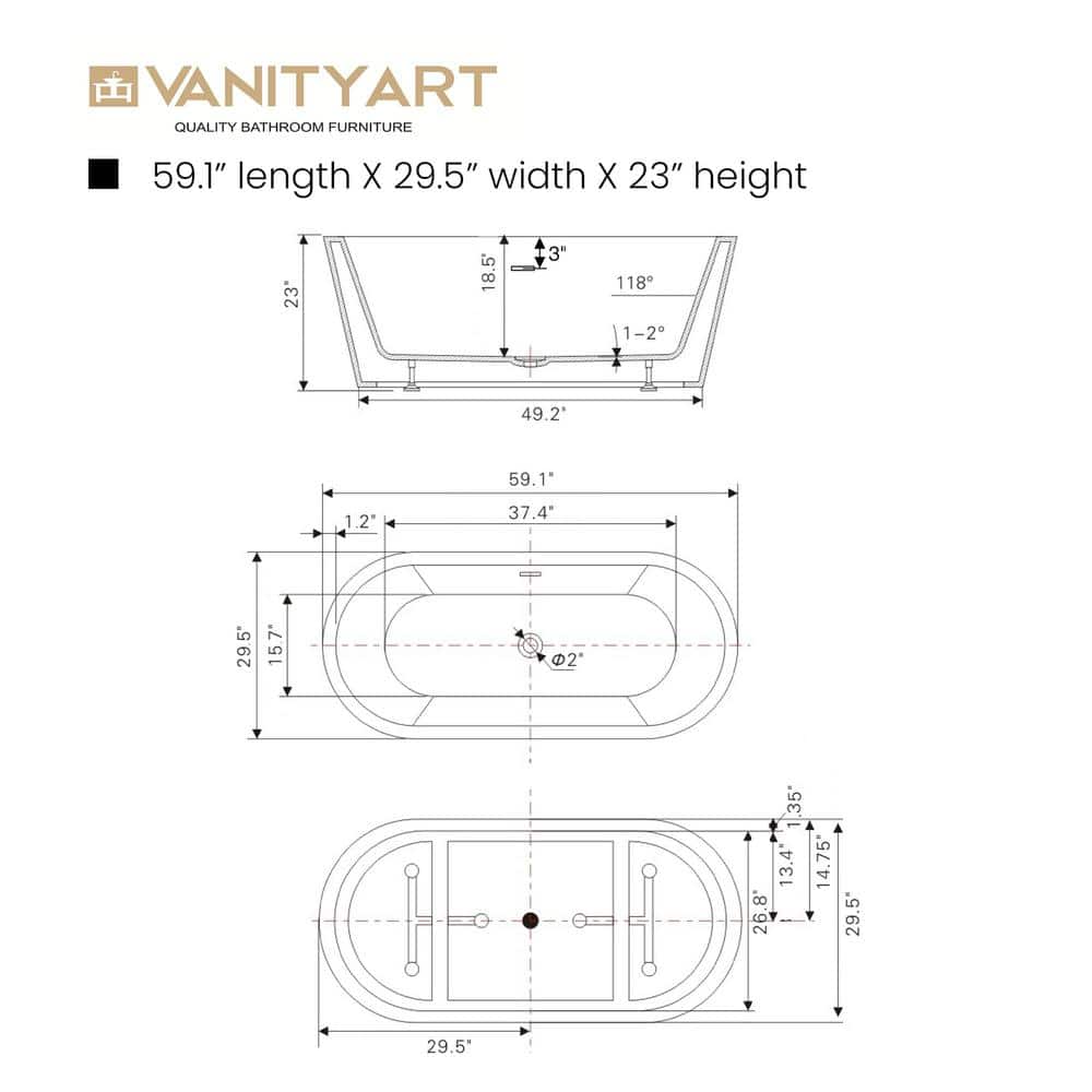 Vanity Art Bordeaux 59 in. Acrylic Flatbottom Freestanding Bathtub in White/Titanium Gold