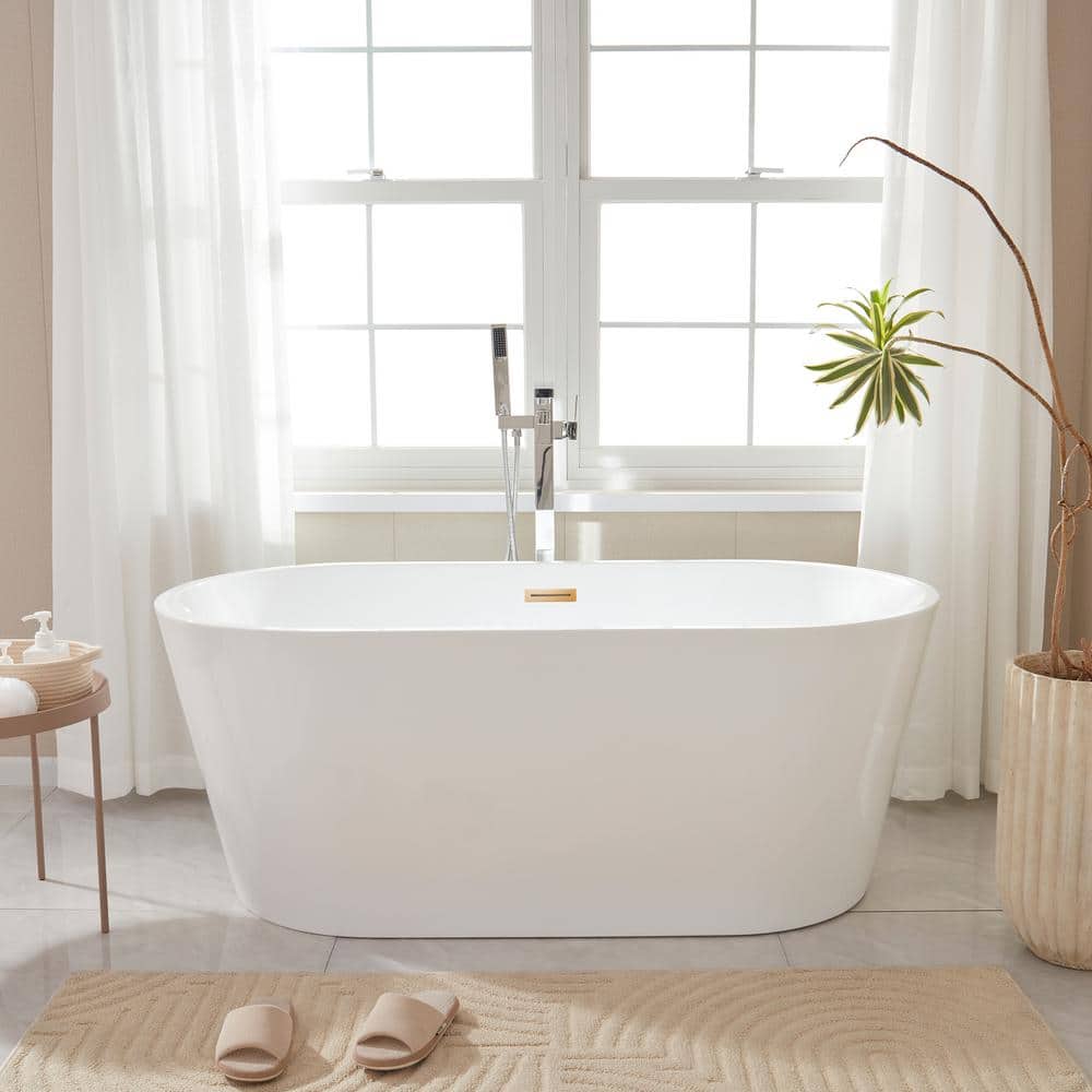 Vanity Art Bordeaux 59 in. Acrylic Flatbottom Freestanding Bathtub in White/Titanium Gold