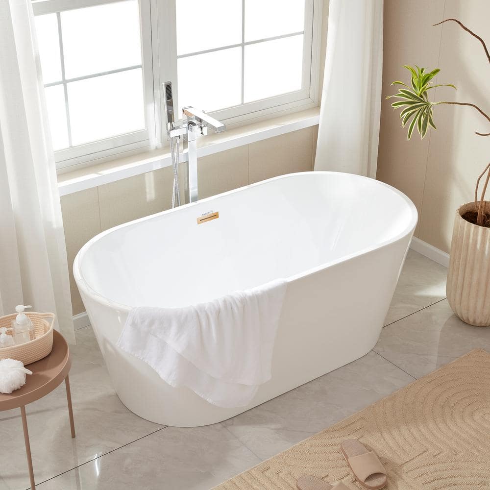 Vanity Art Bordeaux 59 in. Acrylic Flatbottom Freestanding Bathtub in White/Titanium Gold