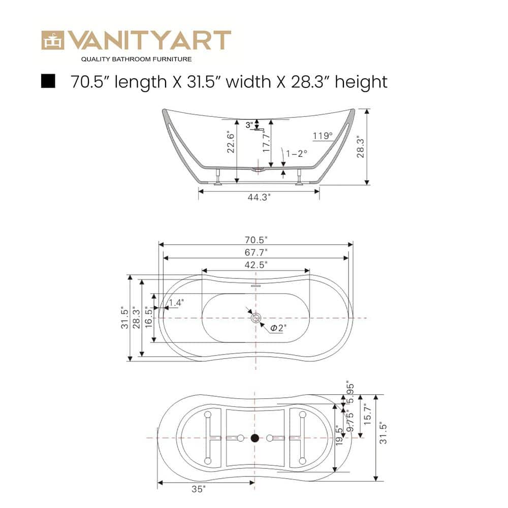 Vanity Art 71 in. Acrylic Flatbottom Freestanding Bathtub in White/Titanium Gold