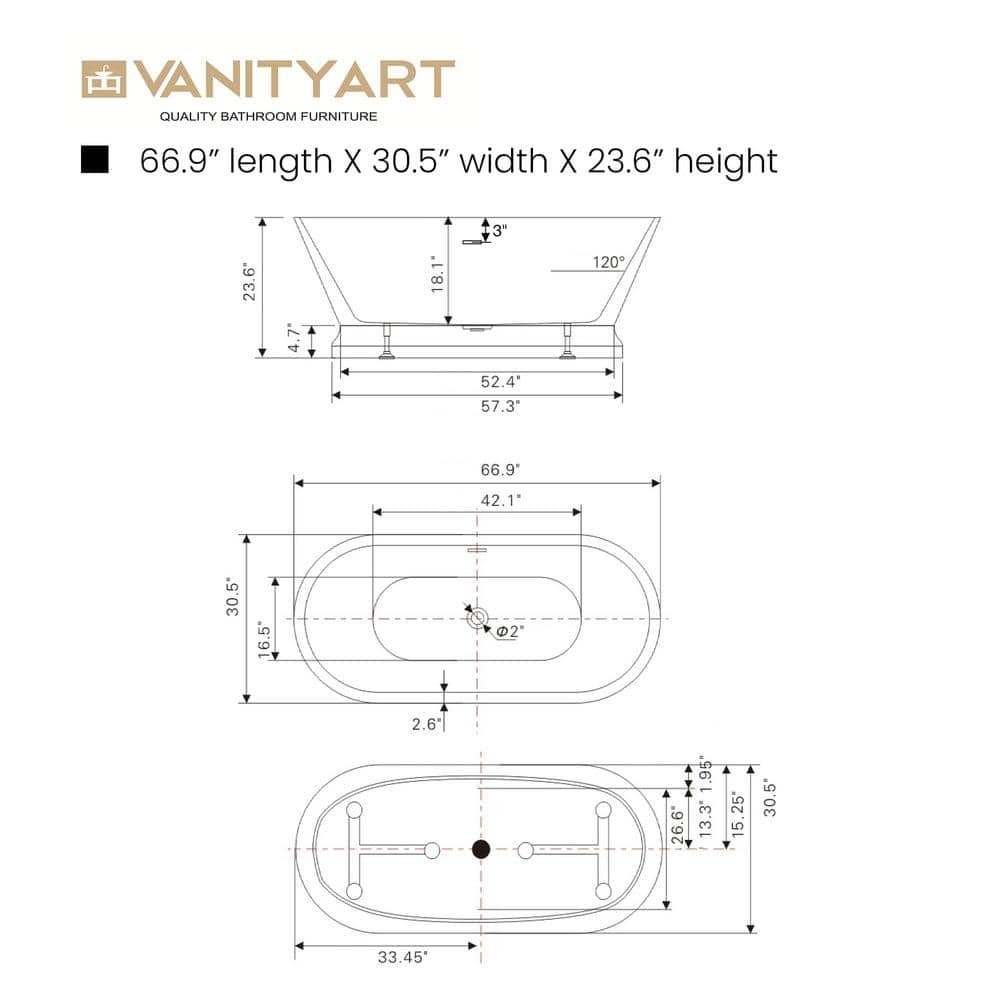 Vanity Art Versailles 67 in. x 31 in. Acrylic Freestanding Soaking Bathtub with Center Drain in White/Titanium Gold