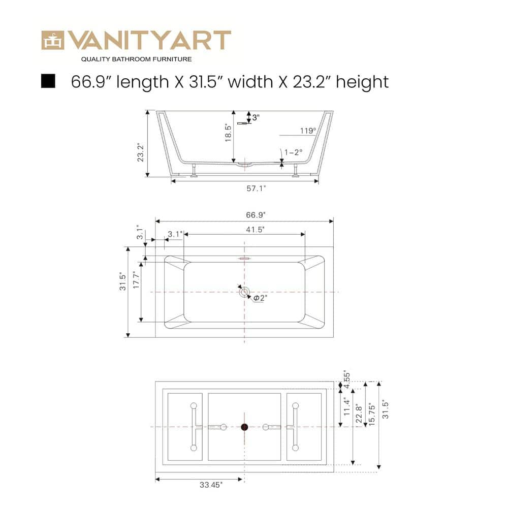 Vanity Art Tarbes 67 in. Acrylic Flatbottom Freestanding Bathtub in White/Titanium Gold