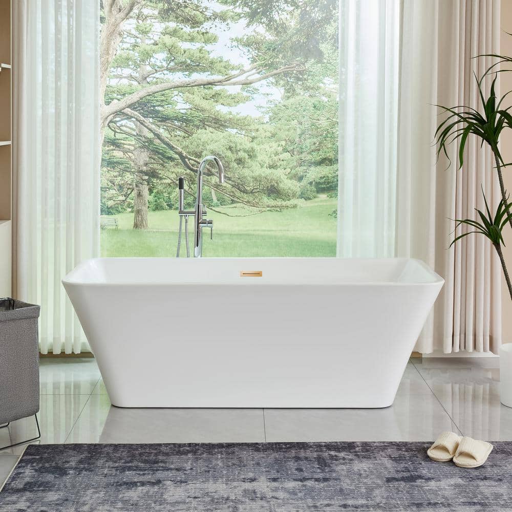 Vanity Art Nantes 67 in. x 30 in. Acrylic Freestanding Soaking Bathtub with Center Drain in White/Titanium Gold