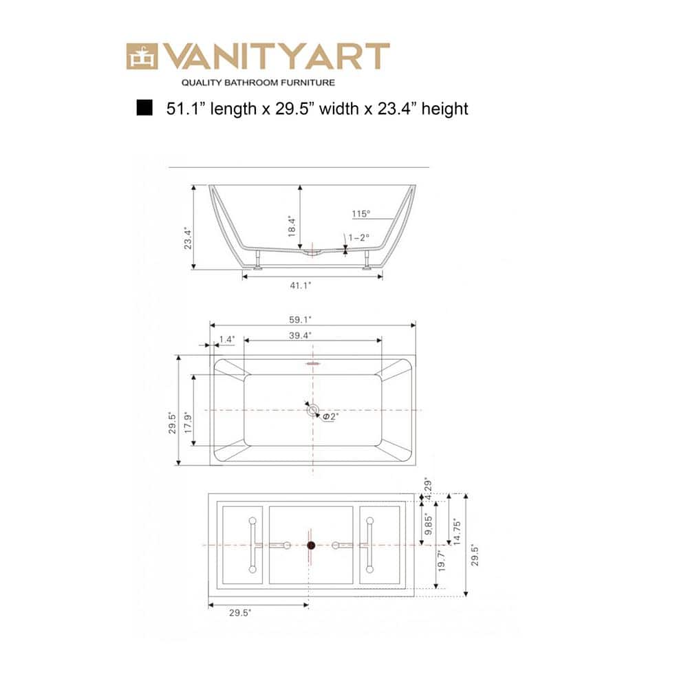Vanity Art Montpellier 59 in. L x 30 in. W Acrylic Flatbottom Freestanding Bathtub in White/Titanium Gold