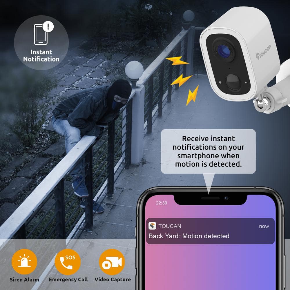 Toucan S4 Wireless Outdoor Smart Battery Operated Security Camera Wi-Fi Night Vision 2-Way Talk Live View, White