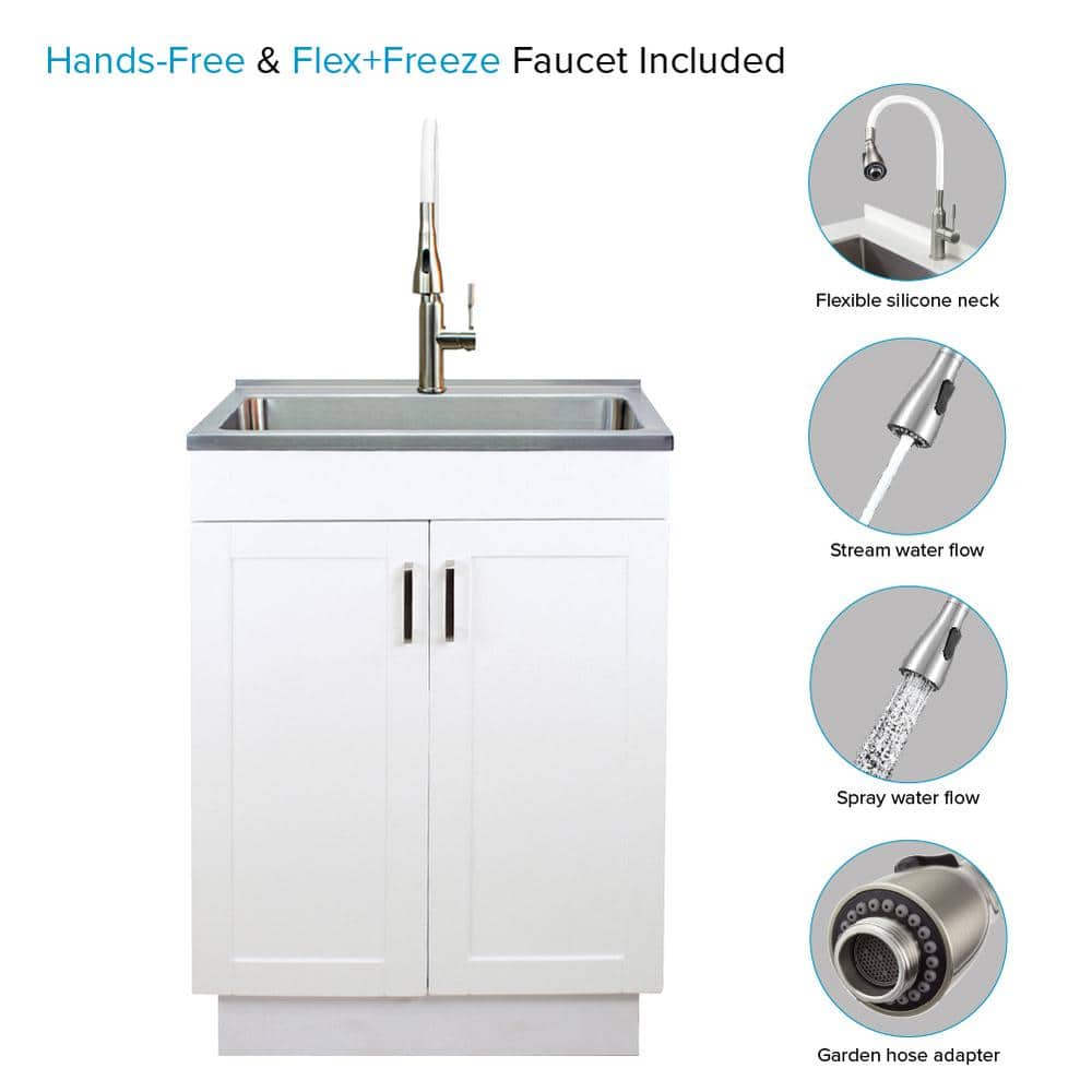 Transolid Stainless Steel Laundry Sink and Wood Cabinet with Faucet, White