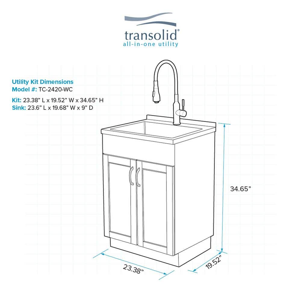 Transolid Stainless Steel Laundry Sink and Wood Cabinet with Faucet, White