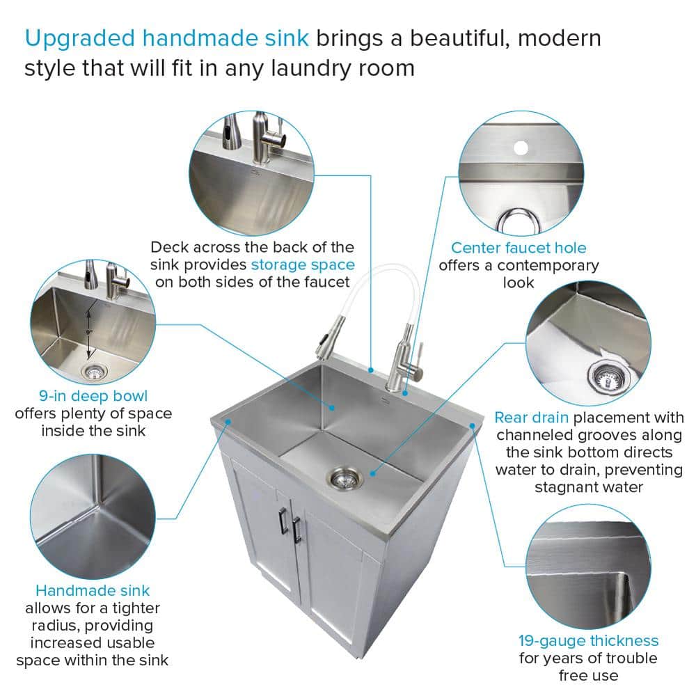 Transolid Stainless Steel Laundry Sink and Wood Cabinet with Faucet, White
