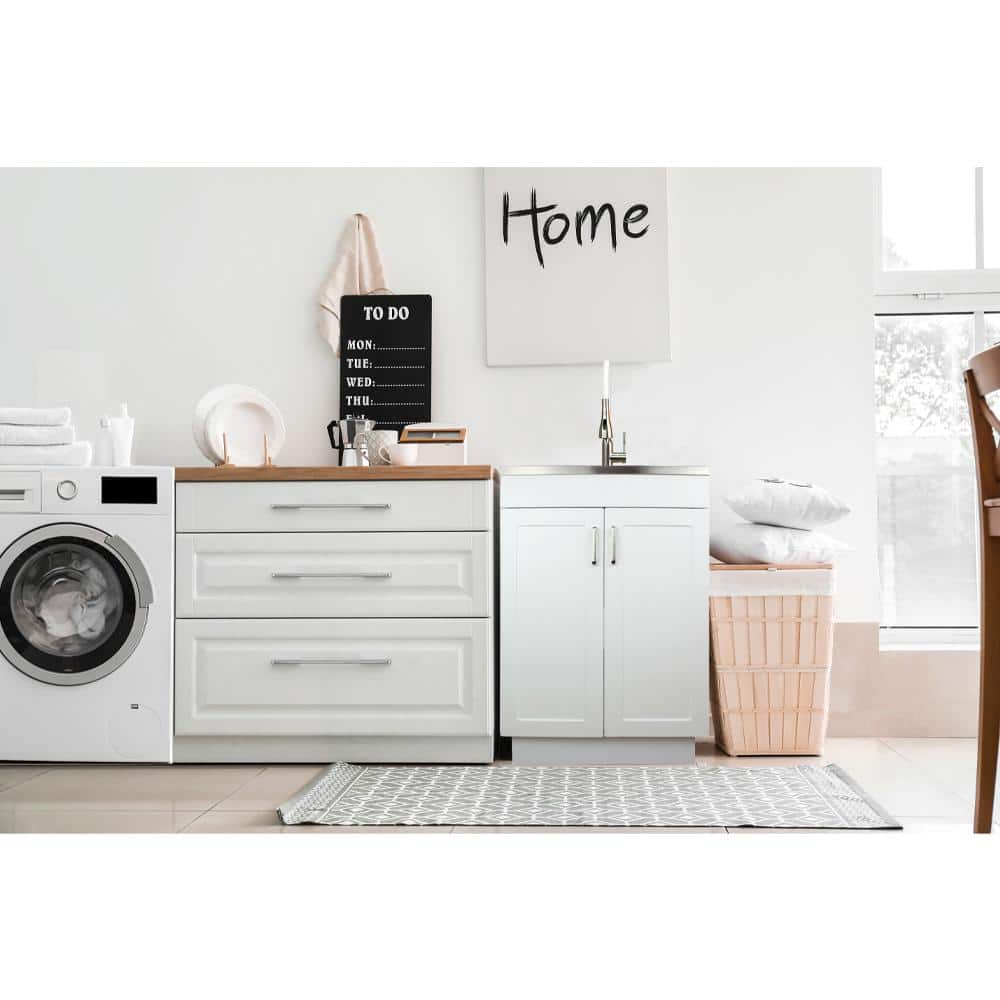 Transolid Stainless Steel Laundry Sink and Wood Cabinet with Faucet, White