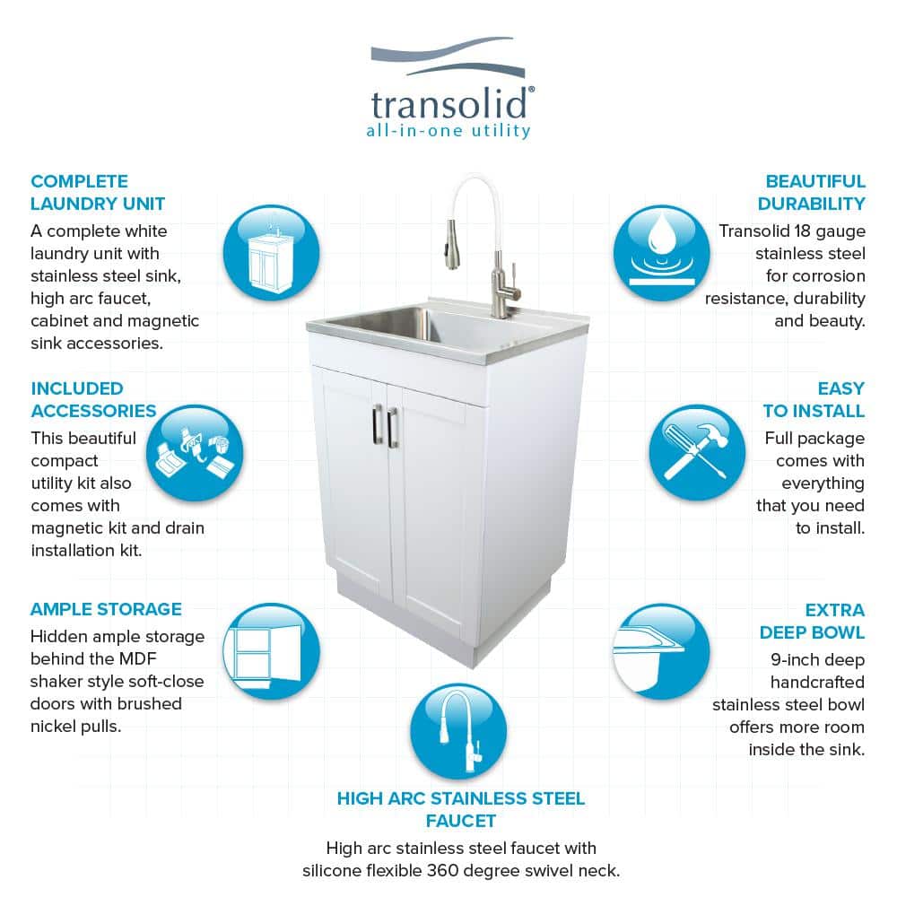 Transolid All-in-One 23.6 in. x 19.7 in. x 34.6 in. Particle Board Utility Sink and Cabinet with Faucet and Accessory Kit