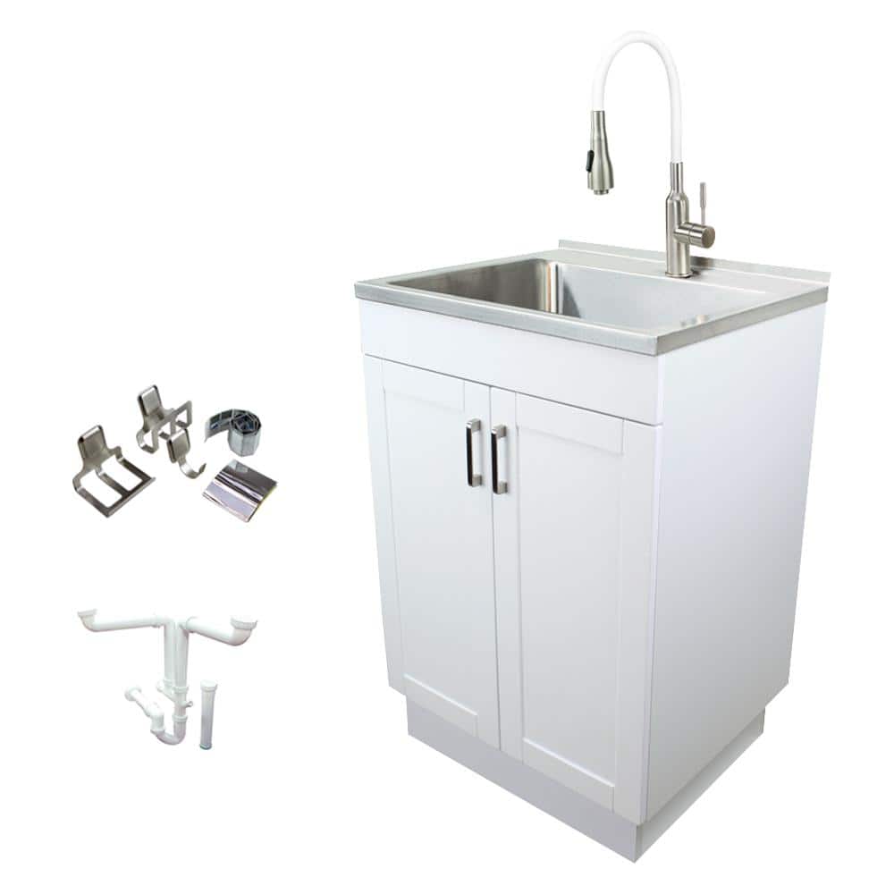 Transolid All-in-One 23.6 in. x 19.7 in. x 34.6 in. Particle Board Utility Sink and Cabinet with Faucet and Accessory Kit