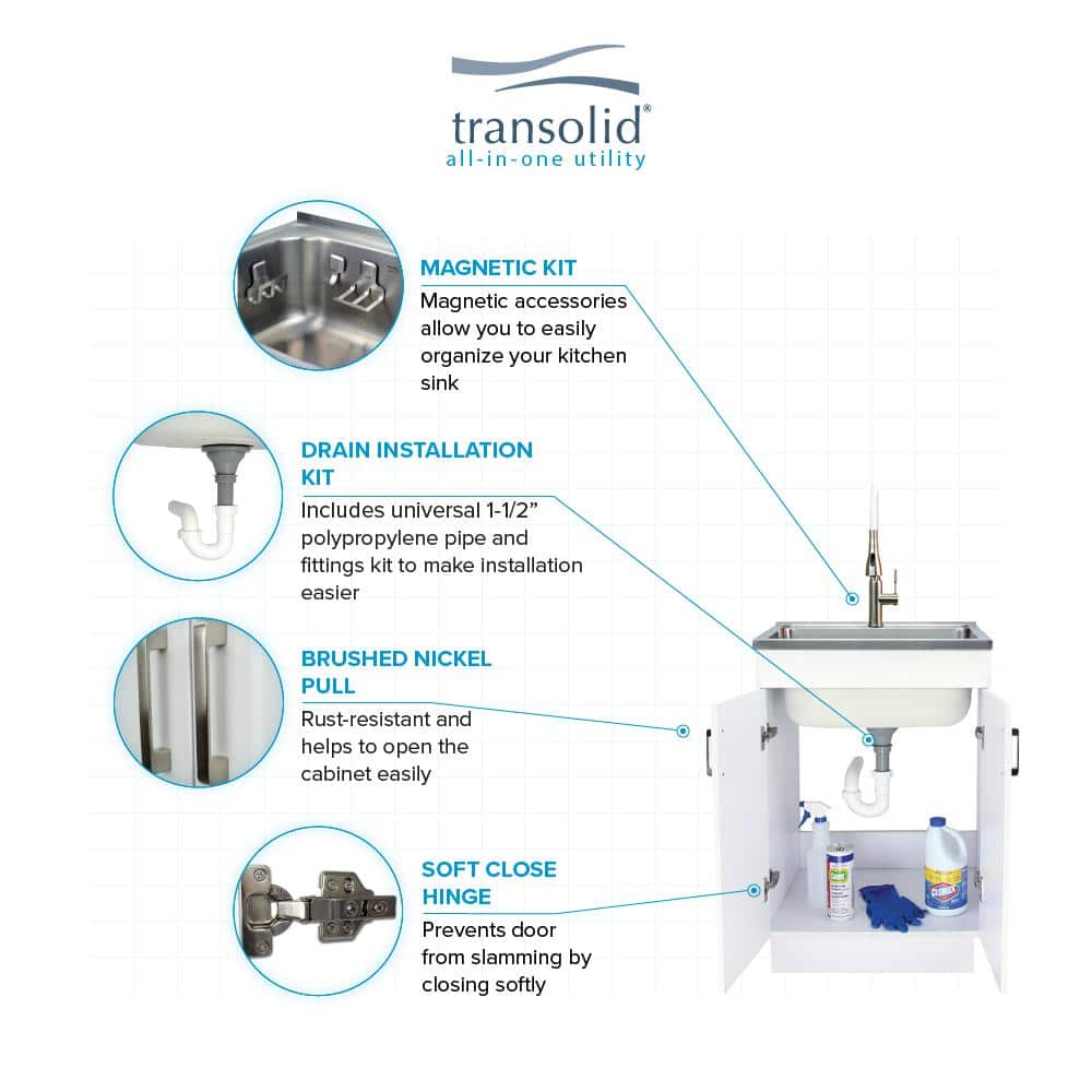 Transolid All-in-One 23.6 in. x 19.7 in. x 34.6 in. Particle Board Utility Sink and Cabinet with Faucet and Accessory Kit